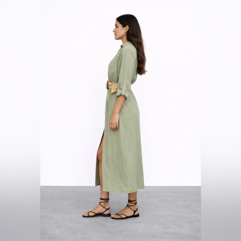 BELTED LINEN SHIRTDRESS with Slit for Casual Wear Size S - Picture 3 of 16